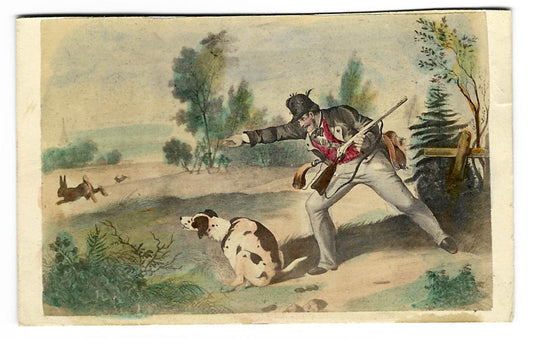 Antique Carte de Visite C.D.V. Illustrated Filler Card of a Comic Hunting Scene with a Dog Scooting Its Rear on the Ground