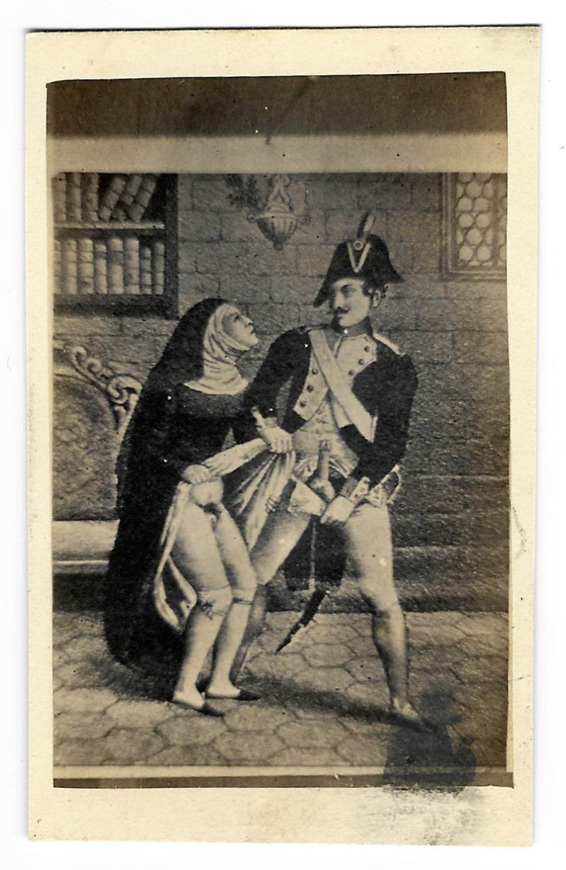 Antique Illustrated Carte de Visite C.D.V. Filler Card Depicting a Nun and Soldier Engaged in a Sex Act