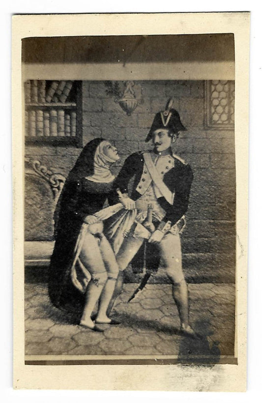 Antique Illustrated Carte de Visite C.D.V. Filler Card Depicting a Nun and Soldier Engaged in a Sex Act