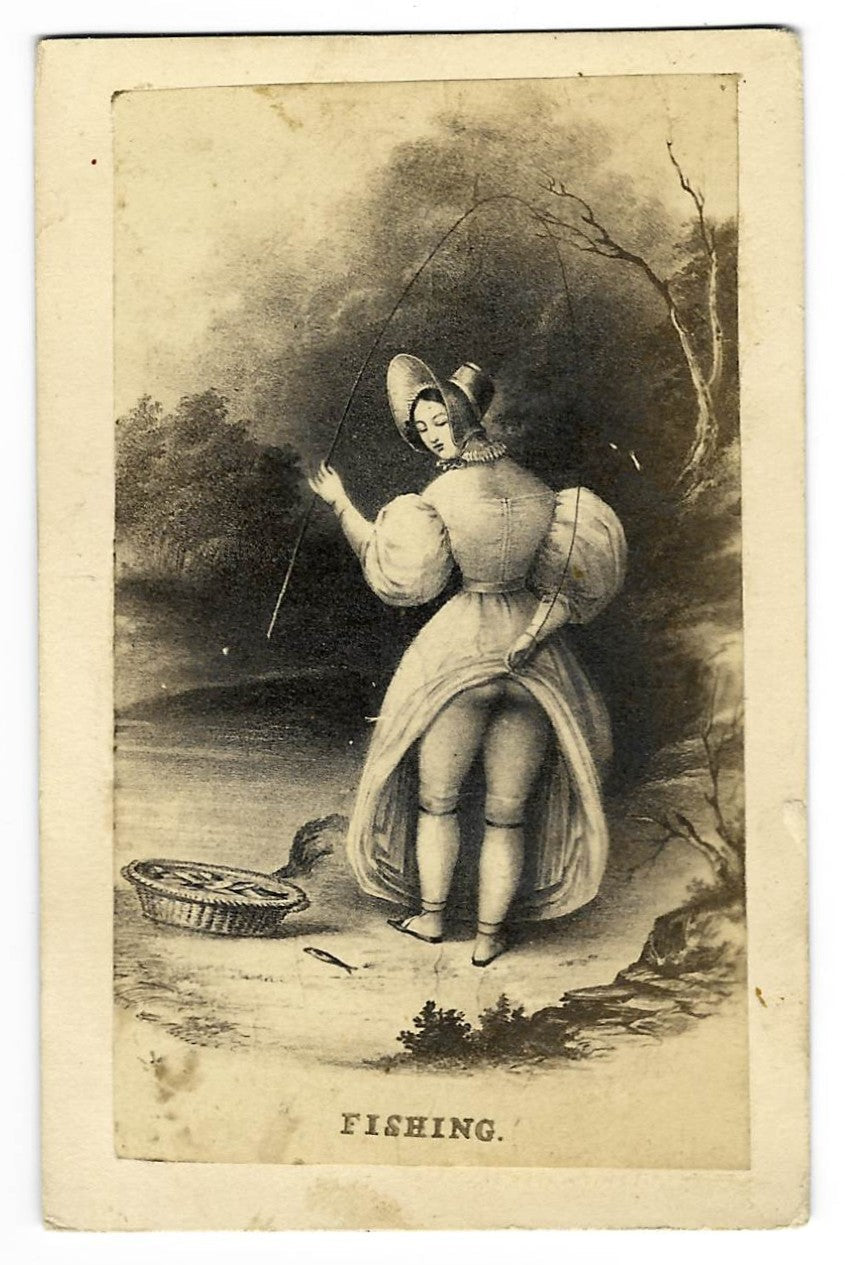 Antique Illustrated Carte de Visite C.D.V. Filler Card, "Fishing," Risque Scene of a Woman with Raised Skirt and Fishing Rod