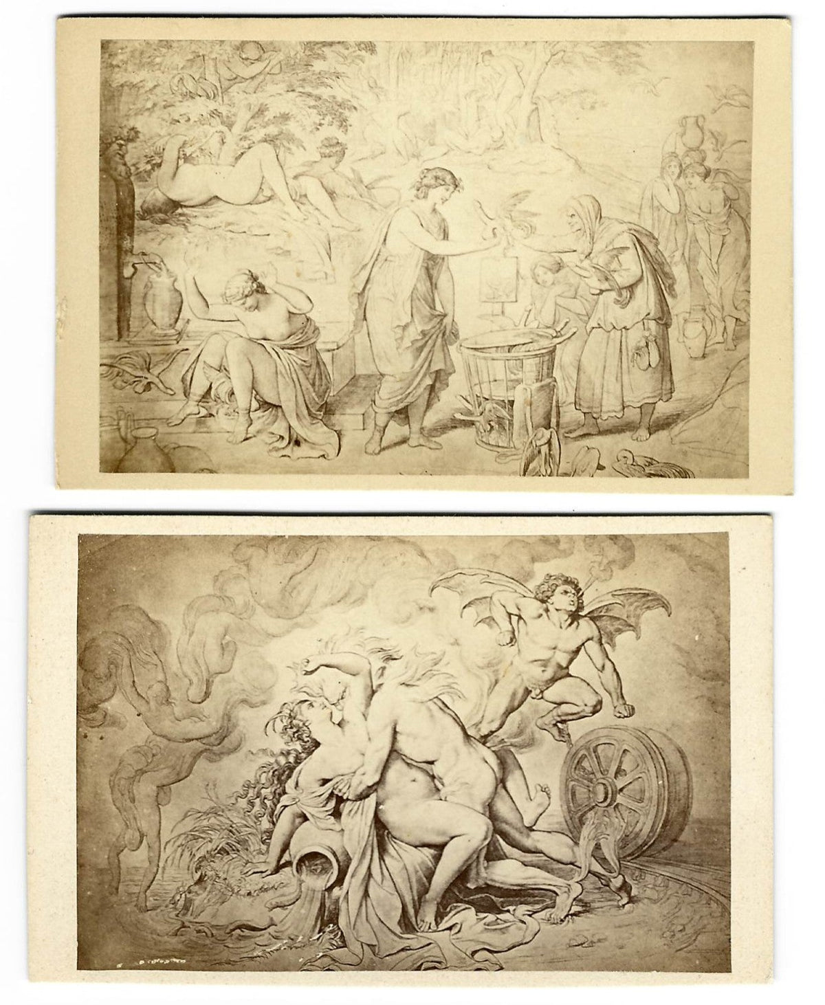 Pair of Antique Carte de Visite C.D.V. Illustrated Filler Cards Depicting Classical Mythological Scenes with Nude Figures including a Risque Sale of Winged Private Parts