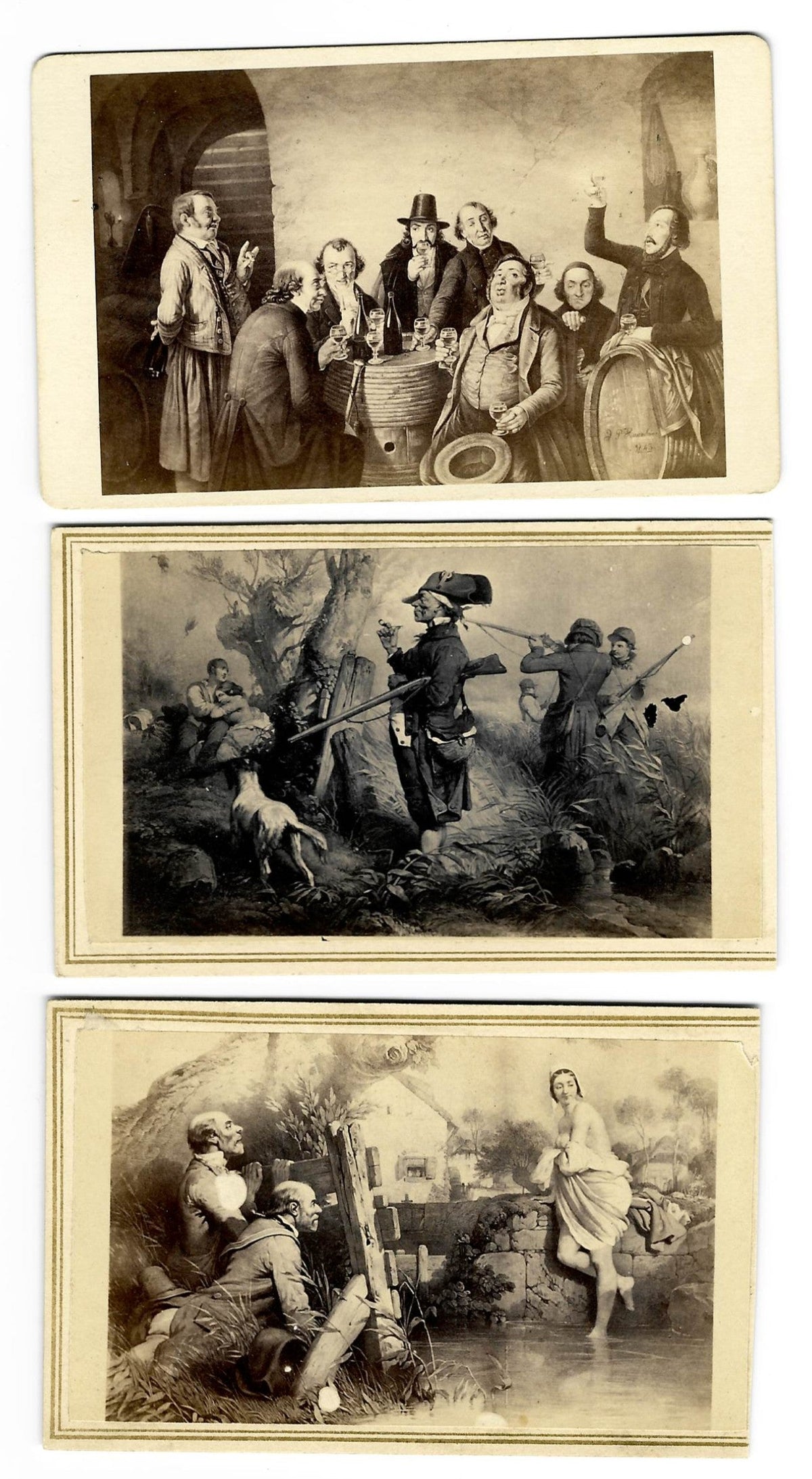 Trio of Antique Carte de Visite C.D.V. Illustrated Filler Cards Depicting Genre Scenes including Wine Cellar Gathering, Comic Hunting Party, and Woman Wading in a Stream