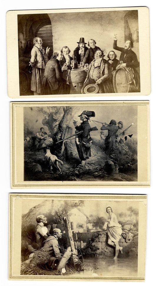 Trio of Antique Carte de Visite C.D.V. Illustrated Filler Cards Depicting Genre Scenes including Wine Cellar Gathering, Comic Hunting Party, and Woman Wading in a Stream