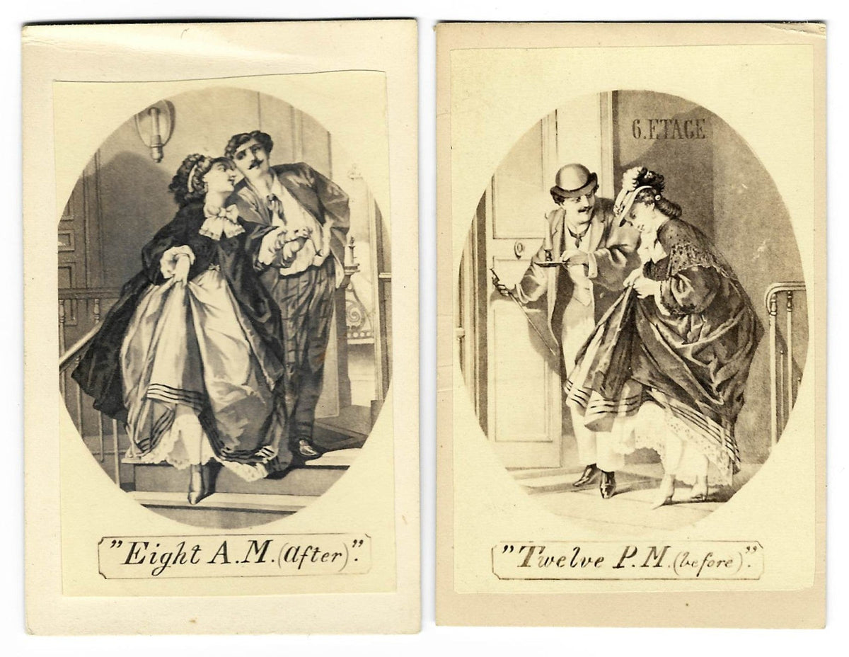 Pair of Antique Illustrated Carte de Visite C.D.V. Filler Cards, "Eight A.M. (after)" and "Twelve P.M. (before)," Risque Before-and-After Scenes