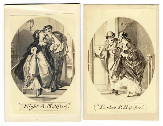 Pair of Antique Illustrated Carte de Visite C.D.V. Filler Cards, "Eight A.M. (after)" and "Twelve P.M. (before)," Risque Before-and-After Scenes