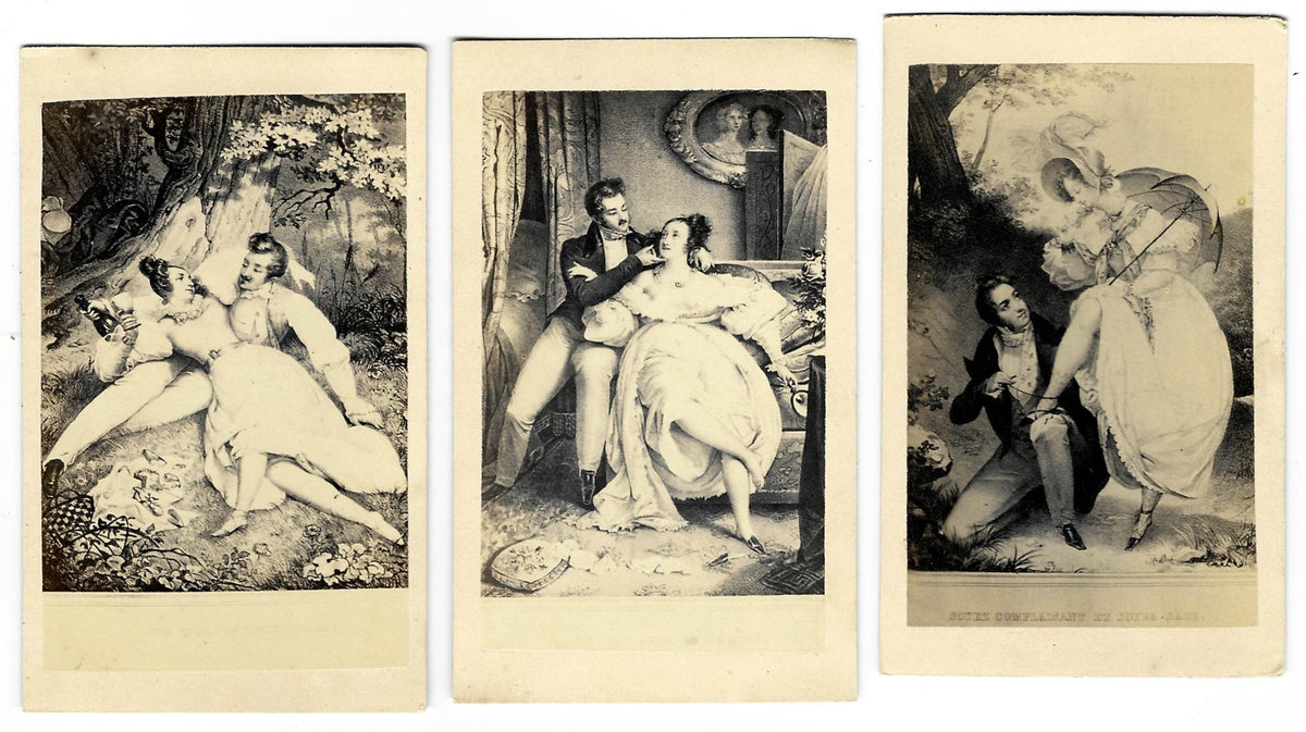 Trio of Antique Illustrated Carte de Visite C.D.V. Filler Cards Depicting Risque Romantic and Erotic Scenes