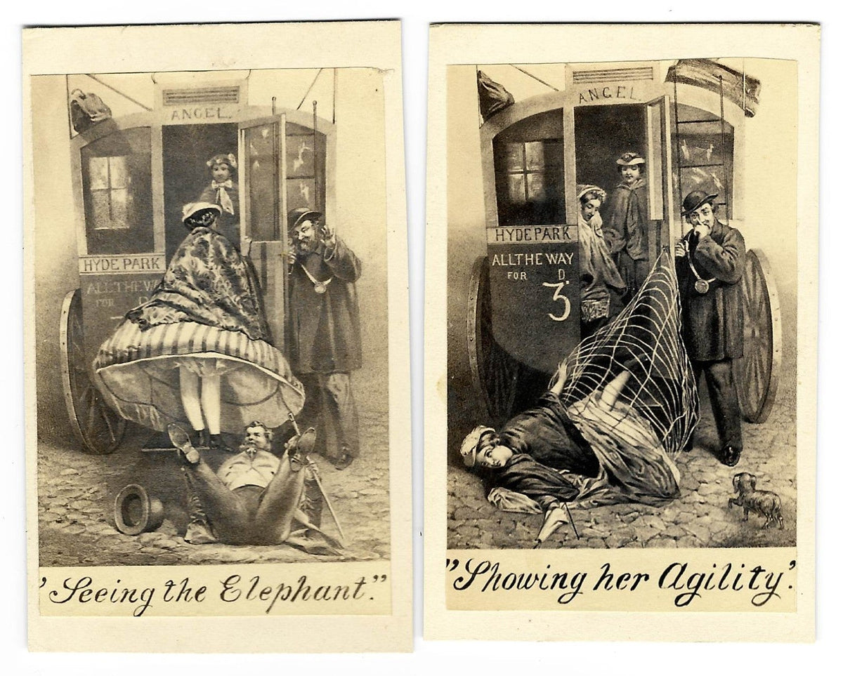 Pair of Antique Carte de Visite C.D.V. Illustrated Filler Cards, "Seeing the Elephant" and "Showing Her Agility," Comic Risque Omnibus Scenes