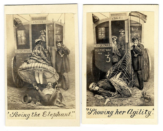 Pair of Antique Carte de Visite C.D.V. Illustrated Filler Cards, "Seeing the Elephant" and "Showing Her Agility," Comic Risque Omnibus Scenes