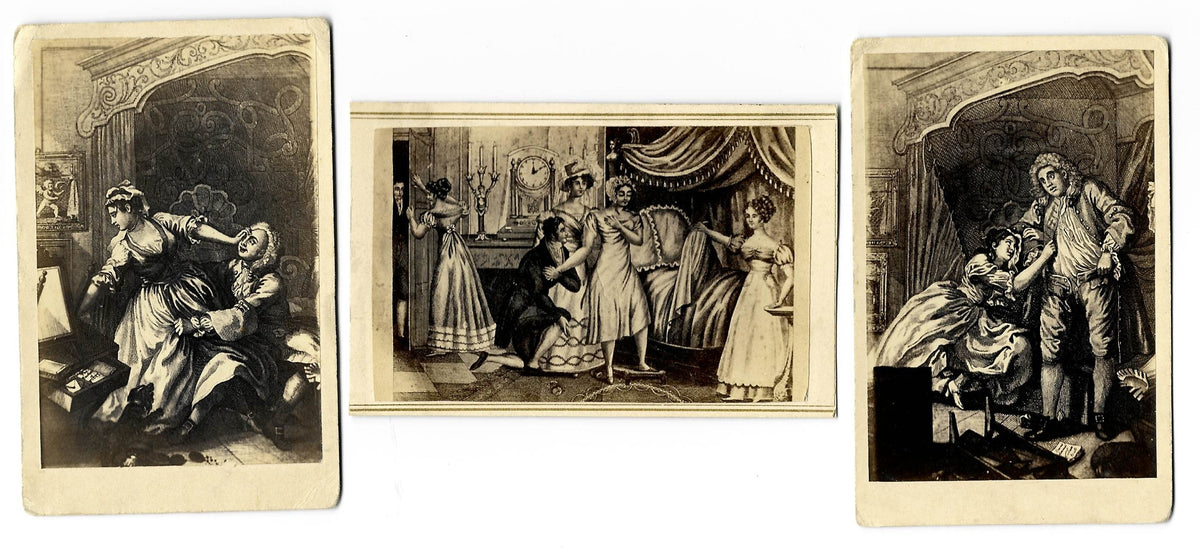 Trio of Antique Carte de Visite C.D.V. Illustrated Filler Cards Depicting Risque Bedroom and Boudoir Scenes, One by G. K. Ackerman, New York