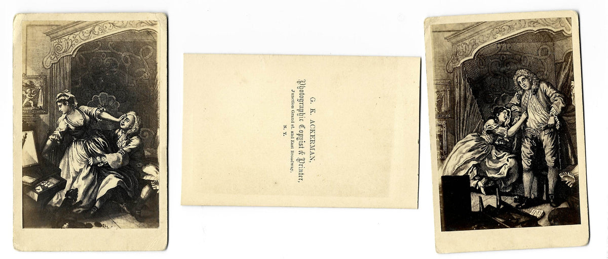 Trio of Antique Carte de Visite C.D.V. Illustrated Filler Cards Depicting Risque Bedroom and Boudoir Scenes, One by G. K. Ackerman, New York
