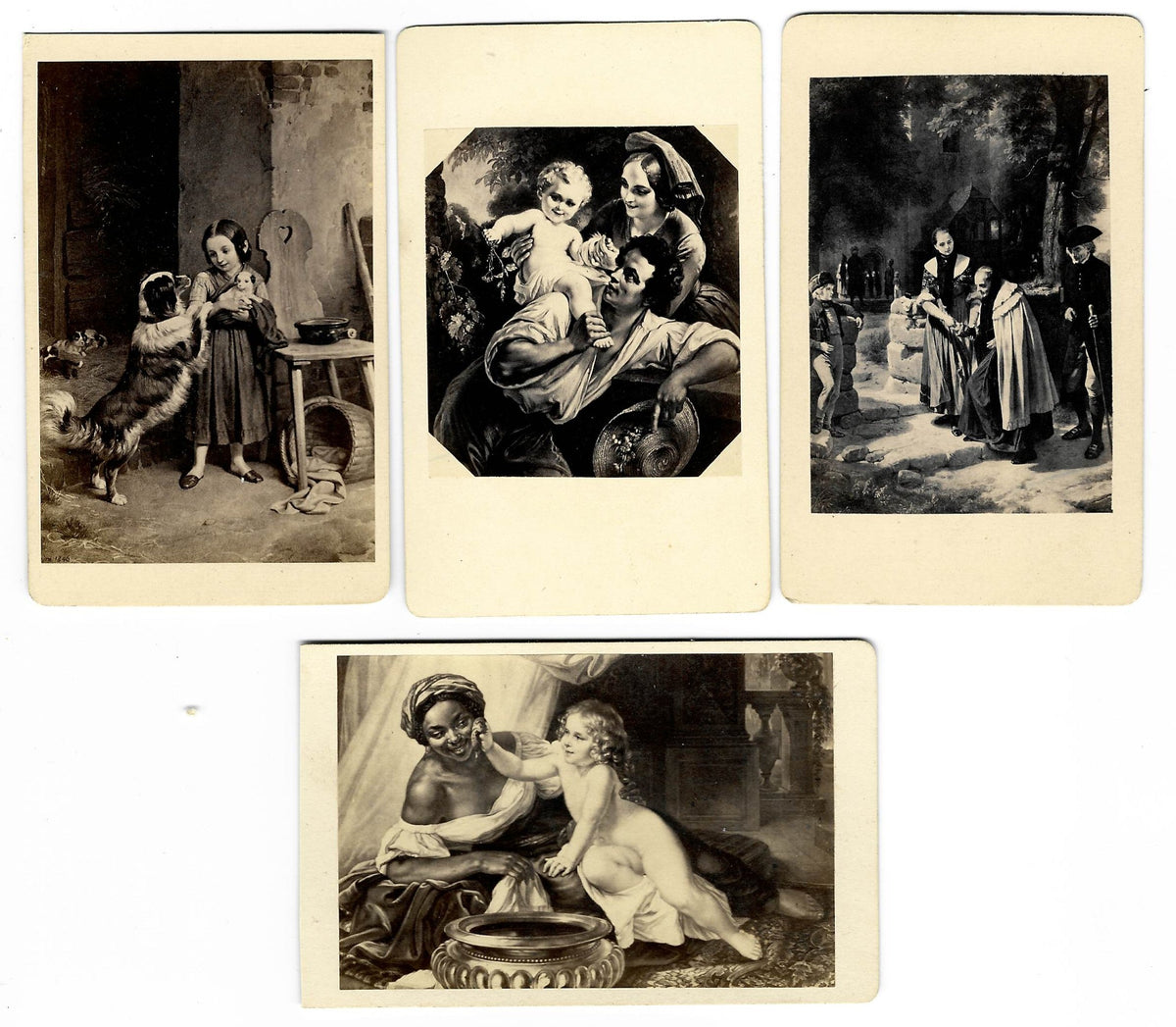 Grouping of Four Antique Carte de Visite C.D.V. Illustrated Filler Cards Depicting Genre and Figure Scenes, Published by Photographische Gesellschaft, Berlin