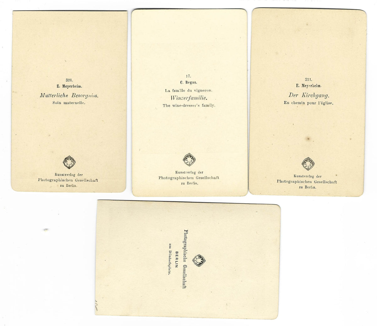 Grouping of Four Antique Carte de Visite C.D.V. Illustrated Filler Cards Depicting Genre and Figure Scenes, Published by Photographische Gesellschaft, Berlin