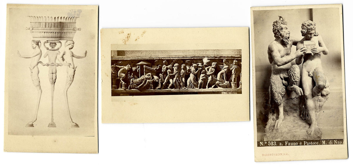 Trio of Antique Carte de Visite C.D.V. Photographs of Classical Sculpture and Relief Carvings including Faun and Shepherd, Photographed by Roberto Rive, Naples, Italy
