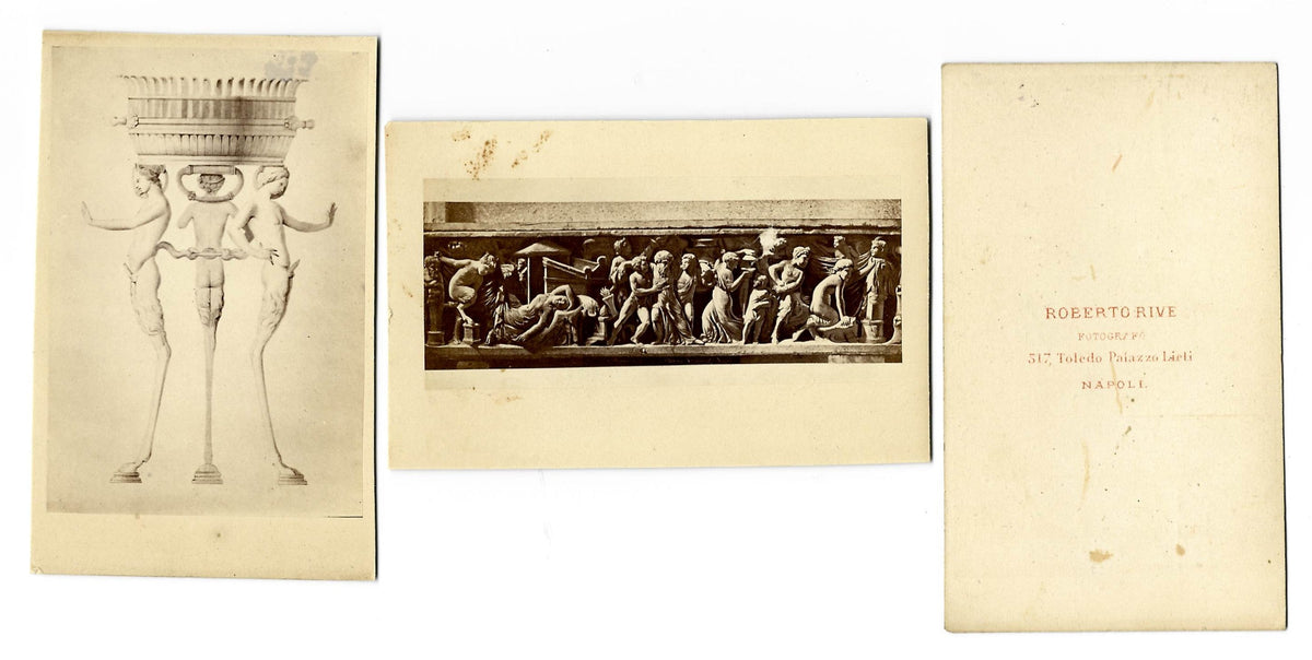 Trio of Antique Carte de Visite C.D.V. Photographs of Classical Sculpture and Relief Carvings including Faun and Shepherd, Photographed by Roberto Rive, Naples, Italy
