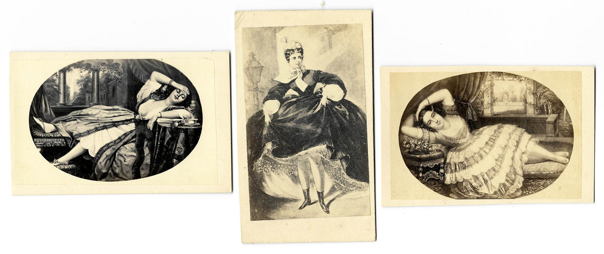 Trio of Antique Carte de Visite C.D.V. Illustrated Filler Cards Depicting Risque Scenes of Reclining and Standing Women with Exposed Legs