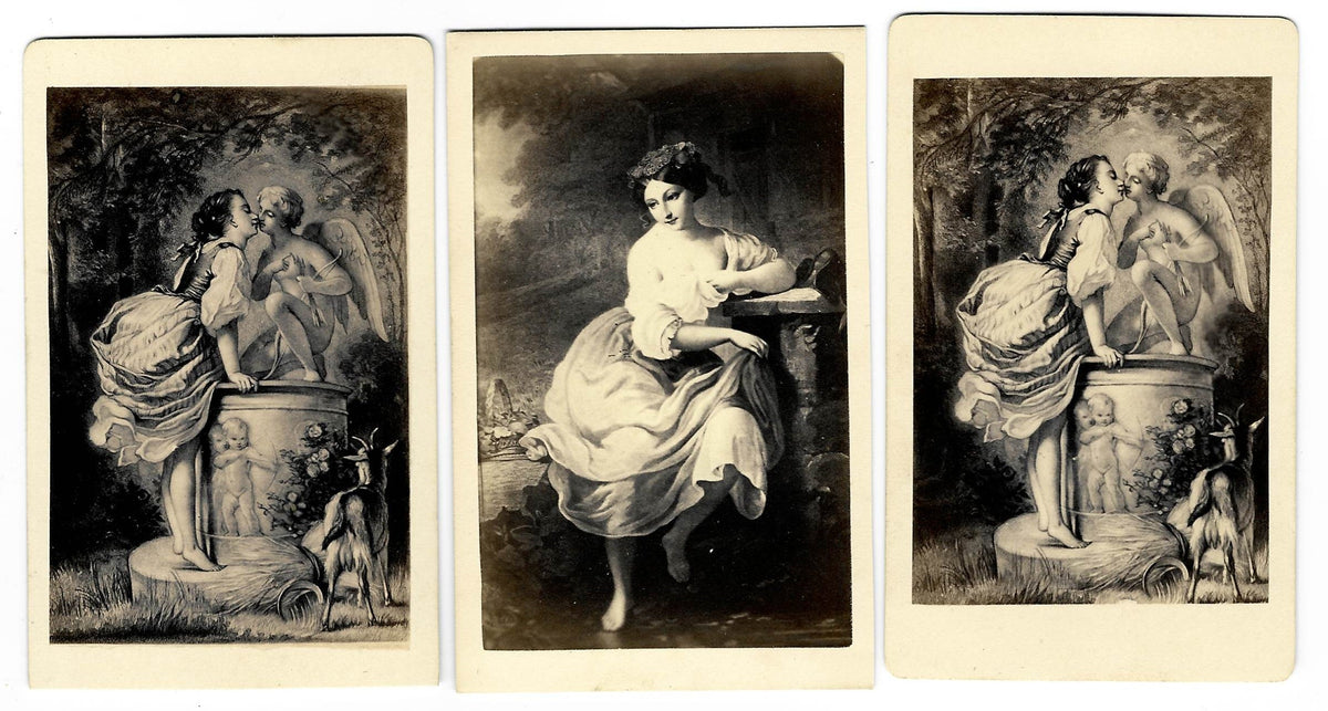 Trio of Antique Carte de Visite C.D.V. Illustrated Filler Cards Depicting Risque Female Figures and Romantic Scenes, Two Published by Photographische Gesellschaft, Berlin