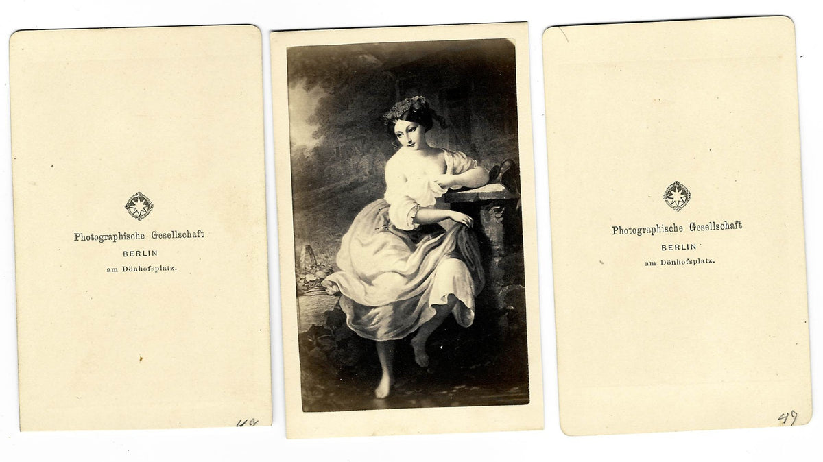 Trio of Antique Carte de Visite C.D.V. Illustrated Filler Cards Depicting Risque Female Figures and Romantic Scenes, Two Published by Photographische Gesellschaft, Berlin