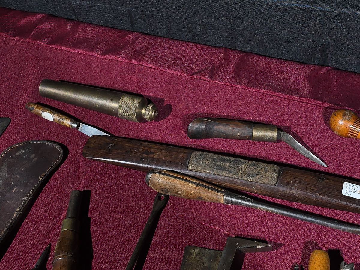 Grouping of Antique and Vintage Hand Tools including Case XX Knife with Leather Sheath, Chisels, Awls, Screwdrivers, Files, and Hammer Head