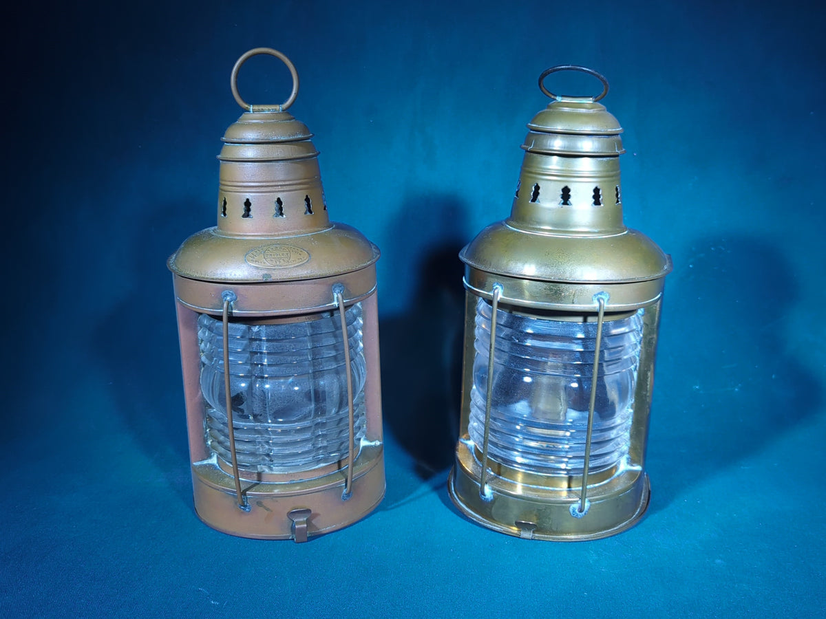 Pair of Antique Brass Ship's Lanterns with Fresnel Lenses, One Marked Triplex Patented 1910, One Electrified