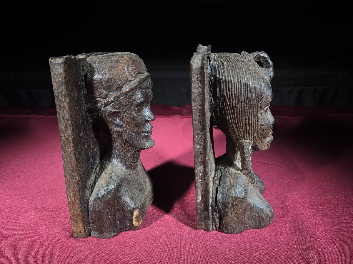 Pair of Vintage Hand-Carved African Bust Bookends