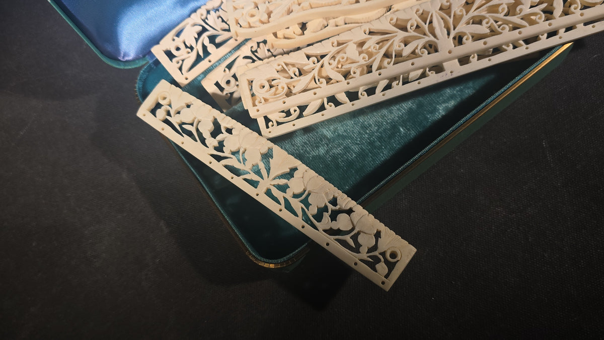 Vintage Carved Bone Fan Sticks with Pierced Floral and Foliate Openwork in Case, Made in China