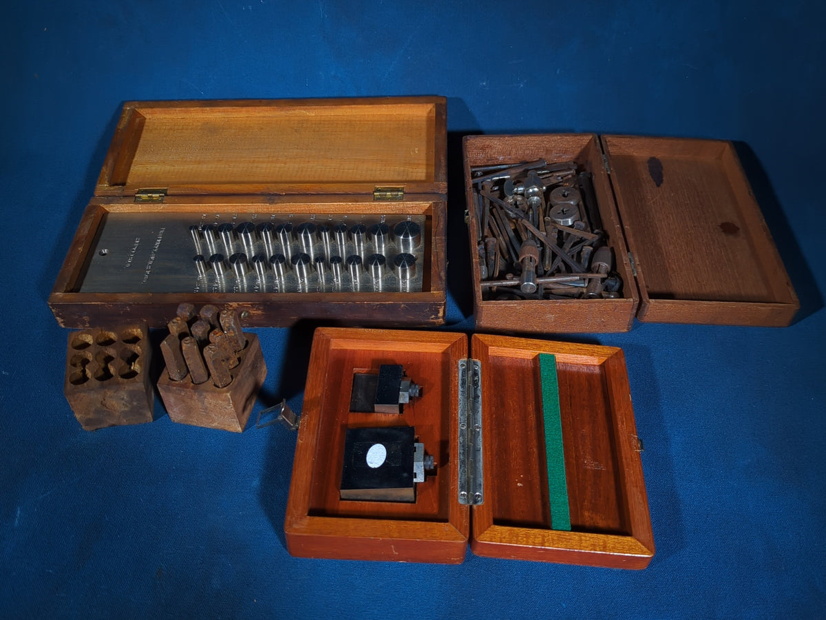 Grouping of Four Vintage and Antique Wooden-Boxed Machinist Tool Sets including Countersink Set, Taps and Dies, Number Stamps, and Alameda Gauge Co. Tool