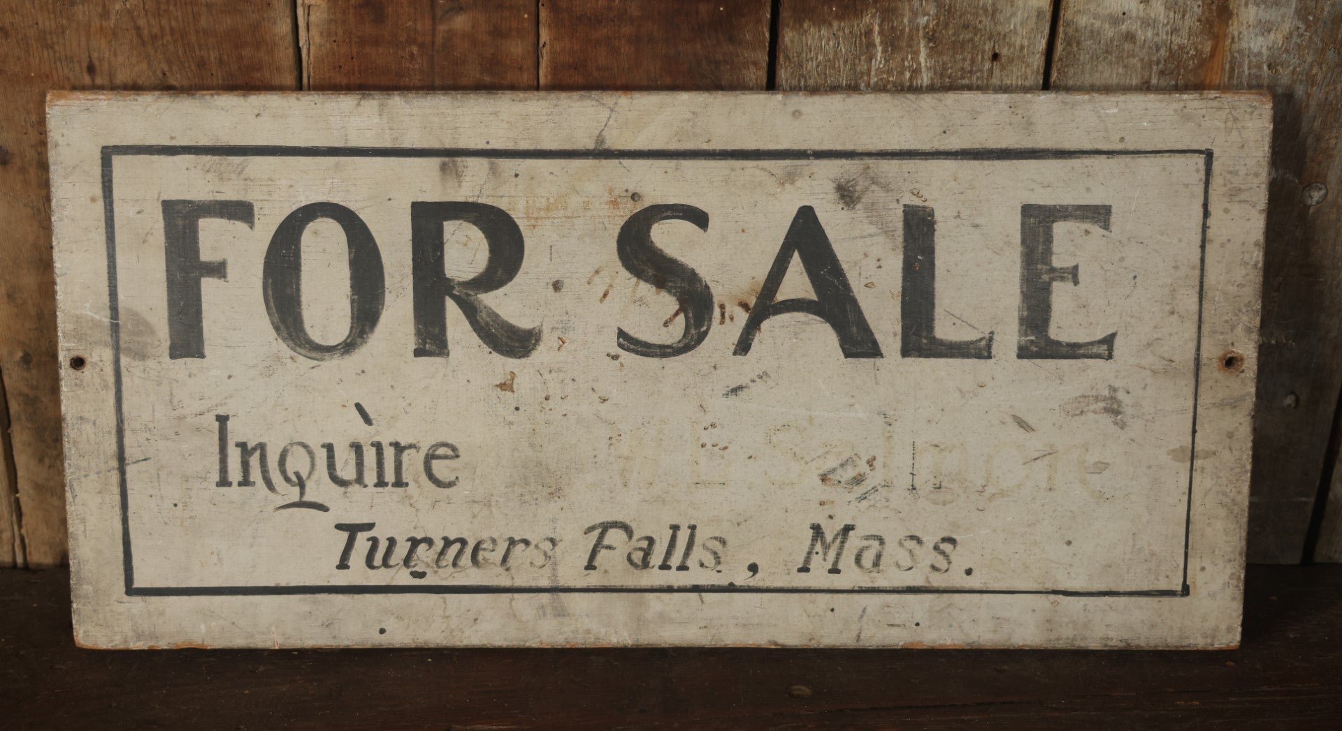Antique Hand Painted Wood "For Sale - Inquire" Sign, From Turners Falls, Massachusetts, Single Sided