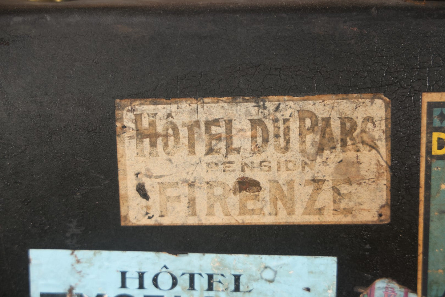 Antique Travel Trunk Suitcase With Numerous Souvenir Travel Labels, Belonged To Alma E. Sweet Of Milford, Massachusetts, Hand Painted I.D., Made By Warren Leather Goods, Worcester, Massachusetts