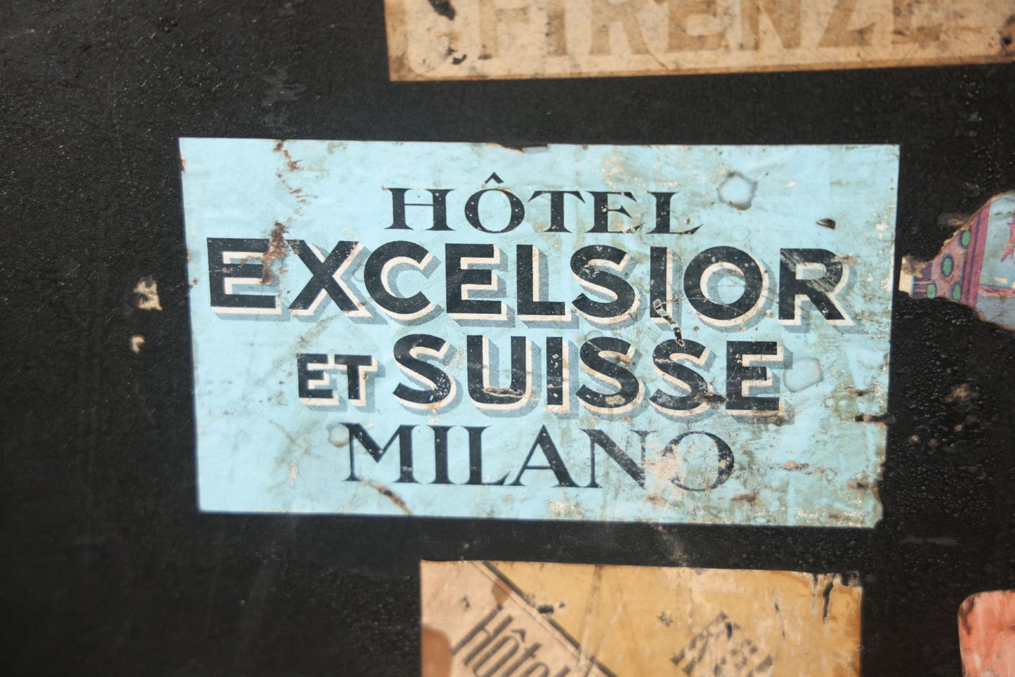 Antique Travel Trunk Suitcase With Numerous Souvenir Travel Labels, Belonged To Alma E. Sweet Of Milford, Massachusetts, Hand Painted I.D., Made By Warren Leather Goods, Worcester, Massachusetts