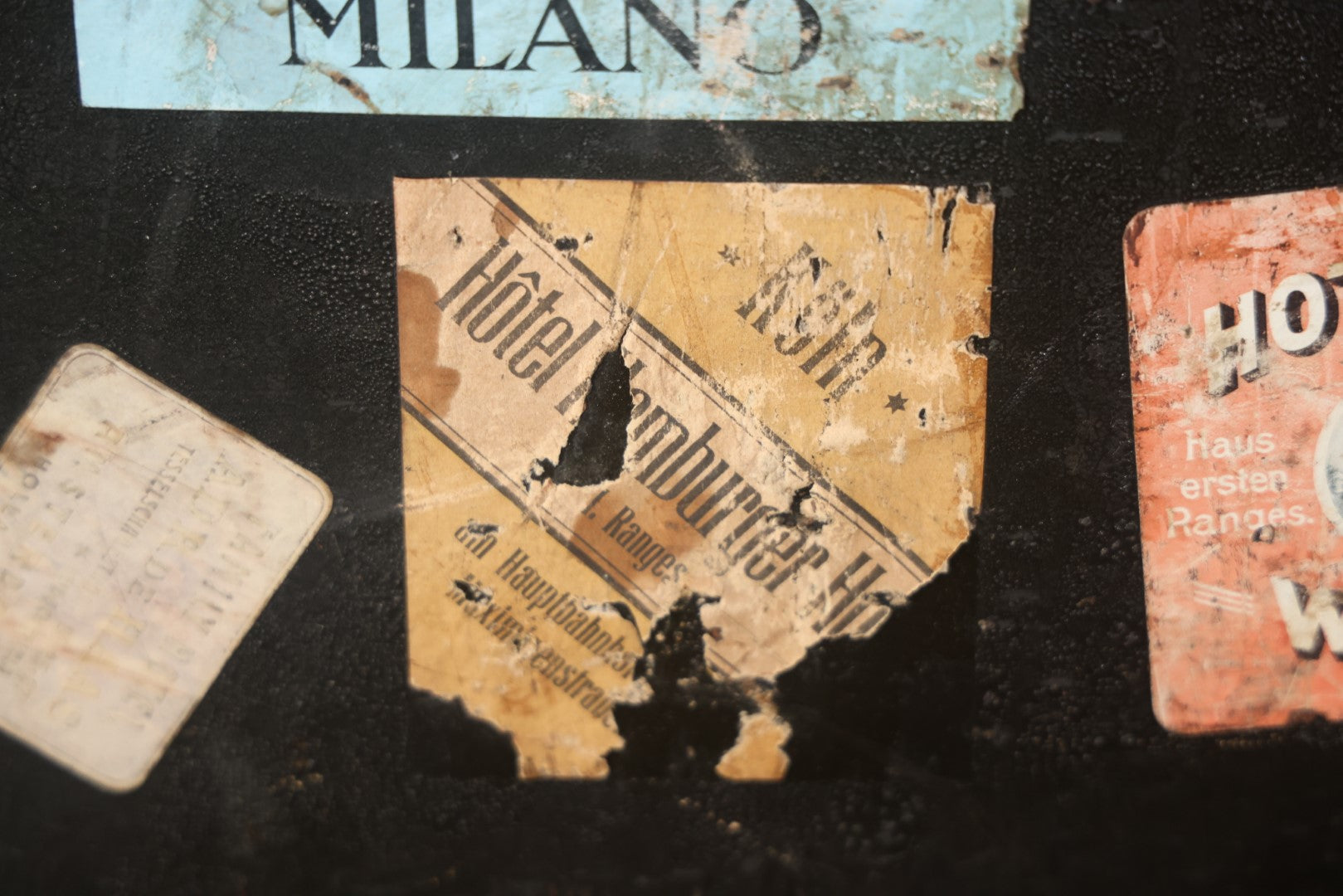 Antique Travel Trunk Suitcase With Numerous Souvenir Travel Labels, Belonged To Alma E. Sweet Of Milford, Massachusetts, Hand Painted I.D., Made By Warren Leather Goods, Worcester, Massachusetts