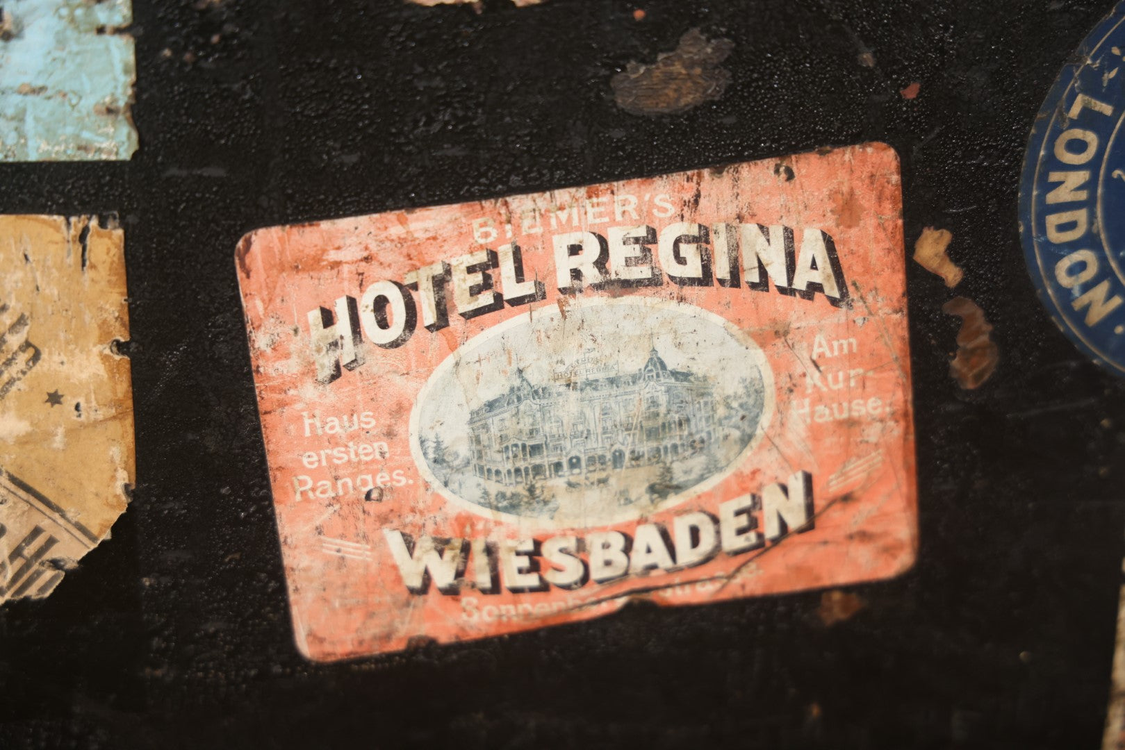 Antique Travel Trunk Suitcase With Numerous Souvenir Travel Labels, Belonged To Alma E. Sweet Of Milford, Massachusetts, Hand Painted I.D., Made By Warren Leather Goods, Worcester, Massachusetts
