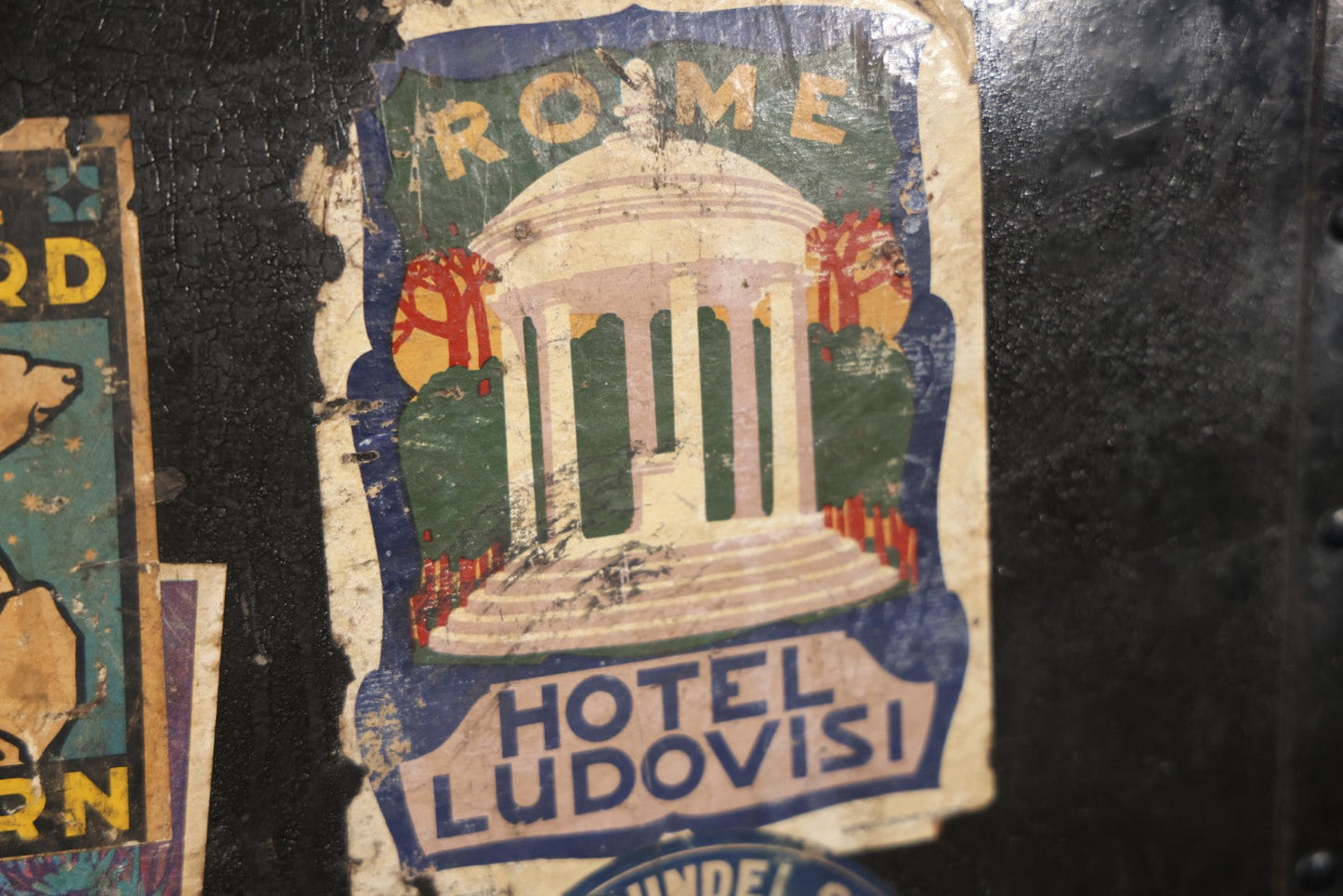 Antique Travel Trunk Suitcase With Numerous Souvenir Travel Labels, Belonged To Alma E. Sweet Of Milford, Massachusetts, Hand Painted I.D., Made By Warren Leather Goods, Worcester, Massachusetts
