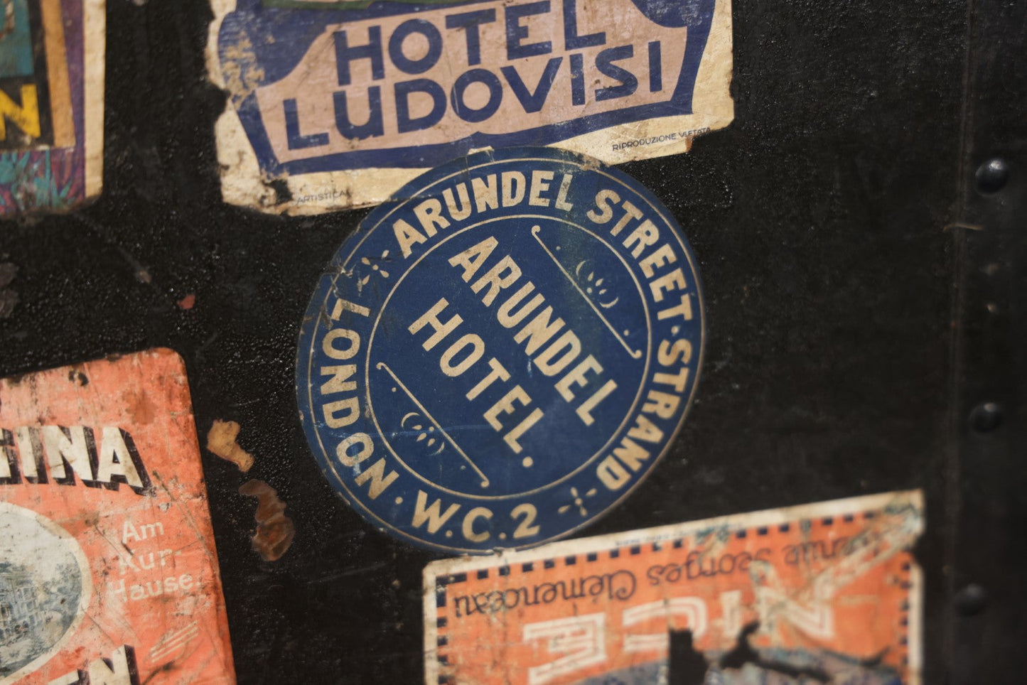 Antique Travel Trunk Suitcase With Numerous Souvenir Travel Labels, Belonged To Alma E. Sweet Of Milford, Massachusetts, Hand Painted I.D., Made By Warren Leather Goods, Worcester, Massachusetts