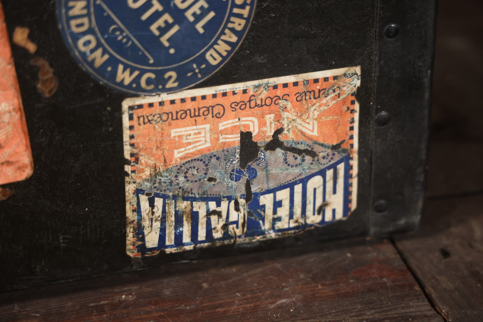 Antique Travel Trunk Suitcase With Numerous Souvenir Travel Labels, Belonged To Alma E. Sweet Of Milford, Massachusetts, Hand Painted I.D., Made By Warren Leather Goods, Worcester, Massachusetts