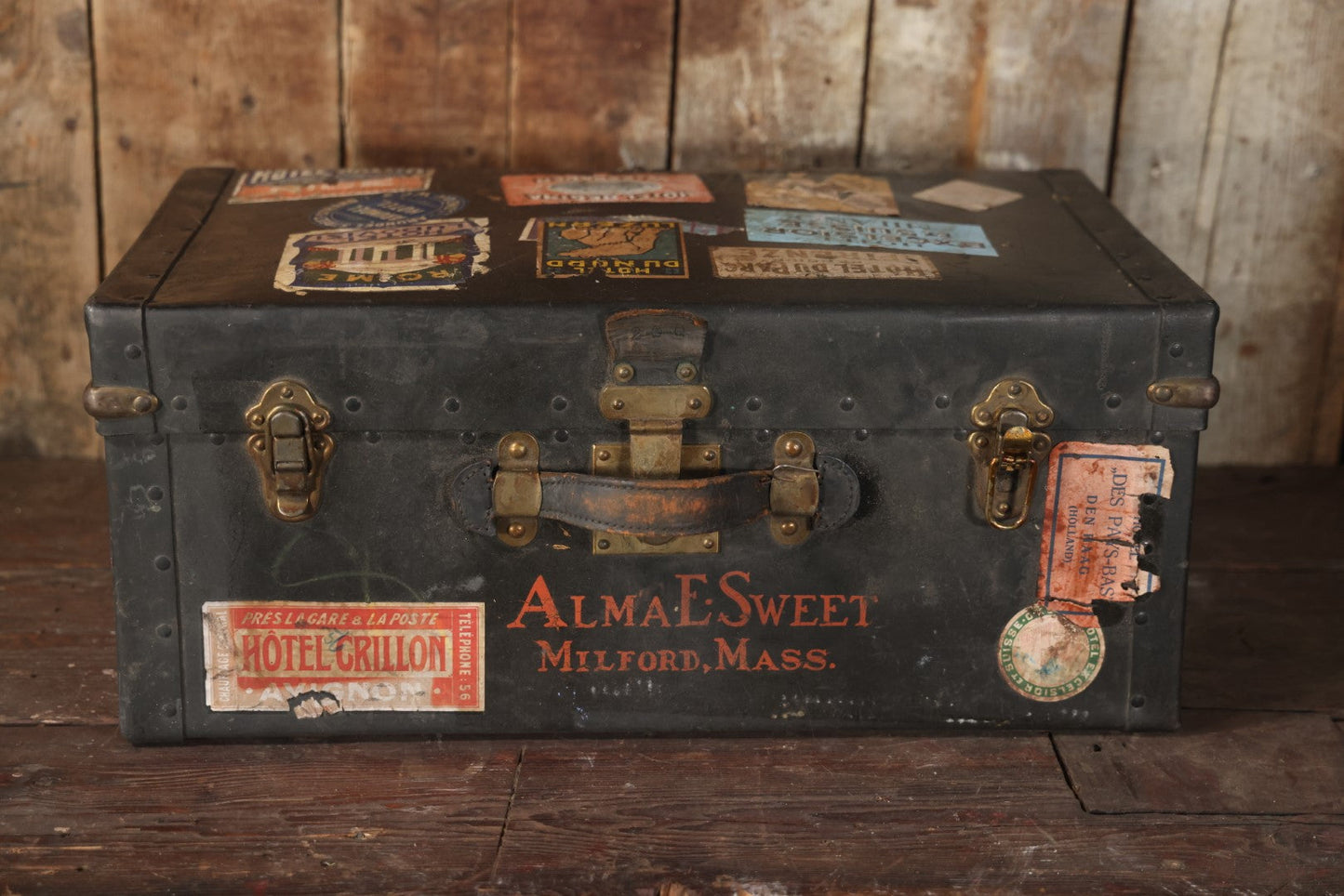 Antique Travel Trunk Suitcase With Numerous Souvenir Travel Labels, Belonged To Alma E. Sweet Of Milford, Massachusetts, Hand Painted I.D., Made By Warren Leather Goods, Worcester, Massachusetts