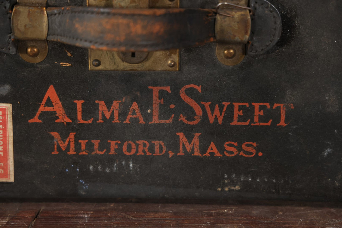 Antique Travel Trunk Suitcase With Numerous Souvenir Travel Labels, Belonged To Alma E. Sweet Of Milford, Massachusetts, Hand Painted I.D., Made By Warren Leather Goods, Worcester, Massachusetts