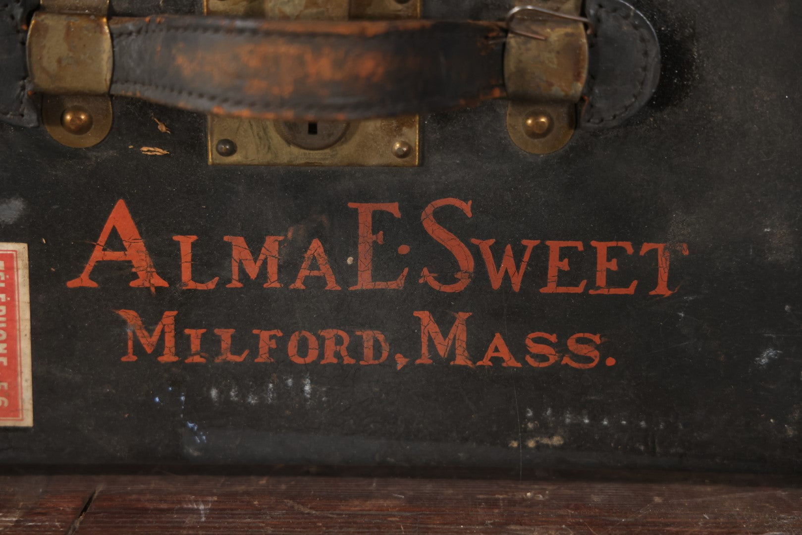 Antique Travel Trunk Suitcase With Numerous Souvenir Travel Labels, Belonged To Alma E. Sweet Of Milford, Massachusetts, Hand Painted I.D., Made By Warren Leather Goods, Worcester, Massachusetts