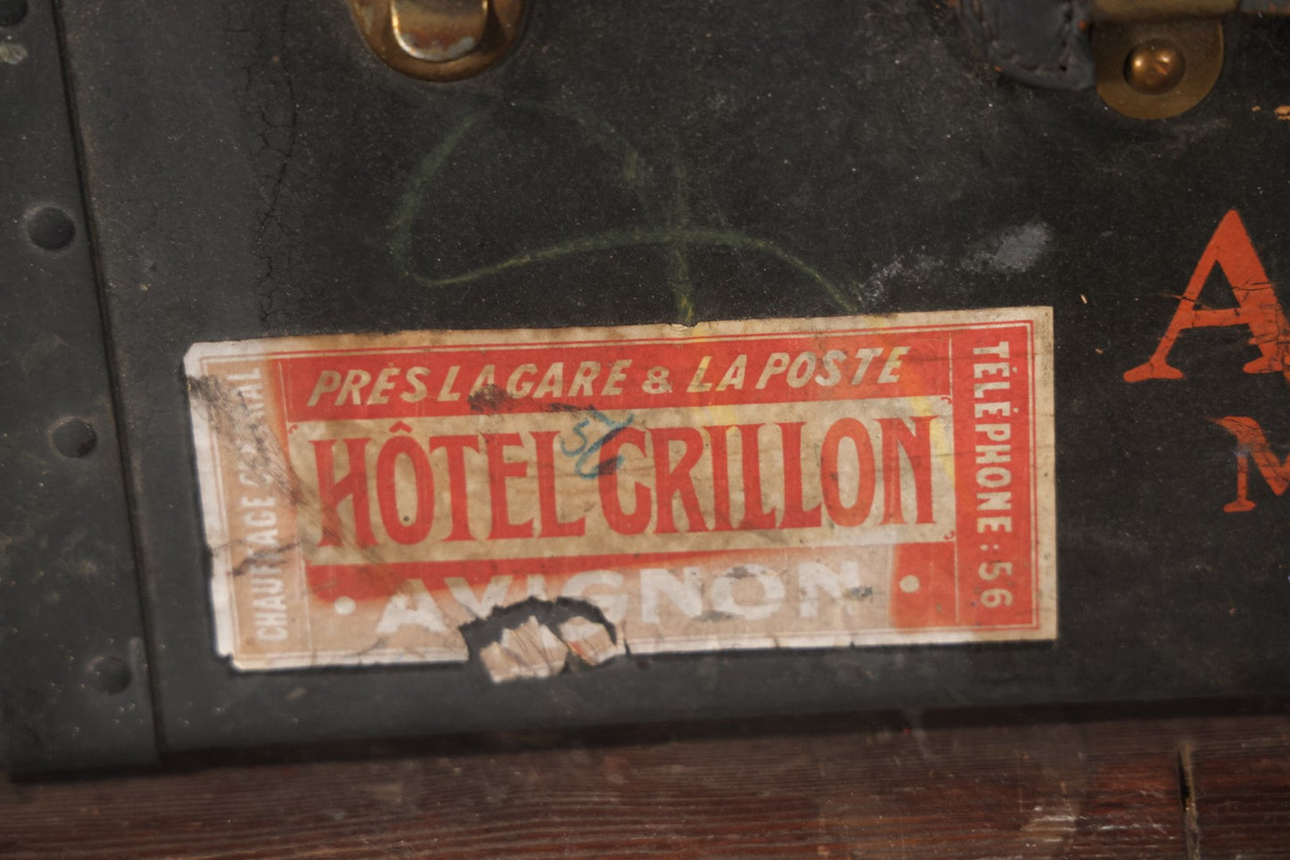 Antique Travel Trunk Suitcase With Numerous Souvenir Travel Labels, Belonged To Alma E. Sweet Of Milford, Massachusetts, Hand Painted I.D., Made By Warren Leather Goods, Worcester, Massachusetts