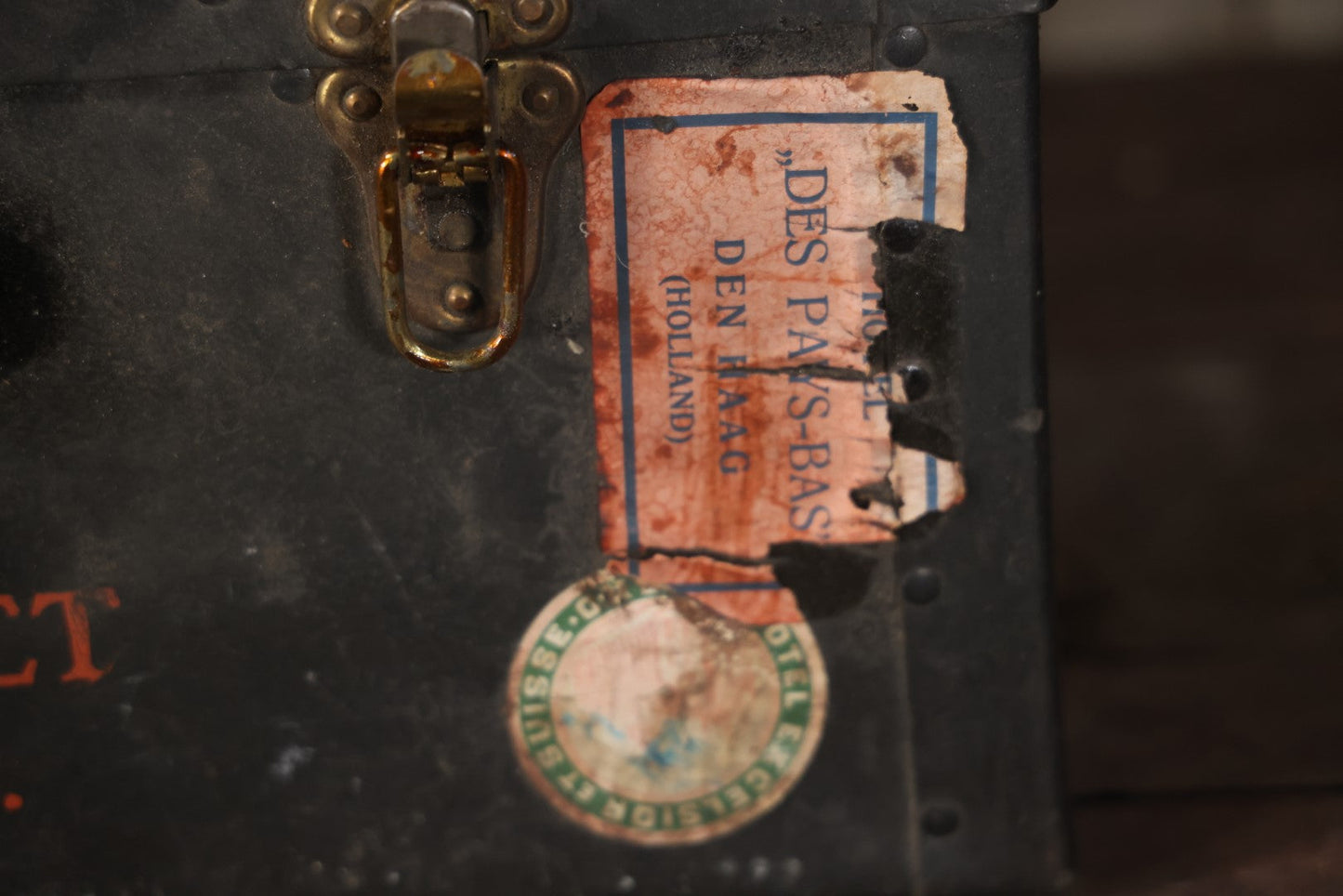 Antique Travel Trunk Suitcase With Numerous Souvenir Travel Labels, Belonged To Alma E. Sweet Of Milford, Massachusetts, Hand Painted I.D., Made By Warren Leather Goods, Worcester, Massachusetts