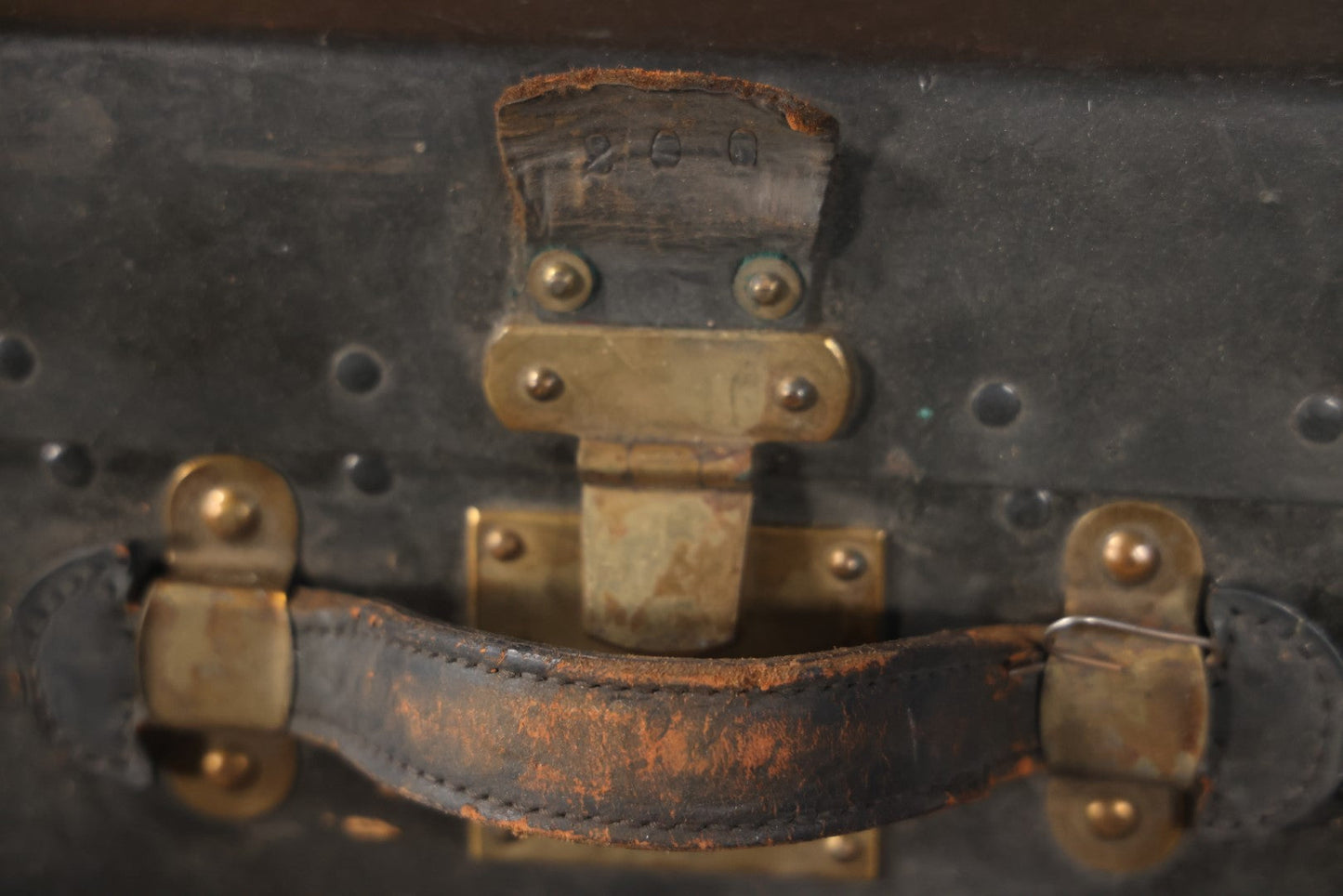 Antique Travel Trunk Suitcase With Numerous Souvenir Travel Labels, Belonged To Alma E. Sweet Of Milford, Massachusetts, Hand Painted I.D., Made By Warren Leather Goods, Worcester, Massachusetts