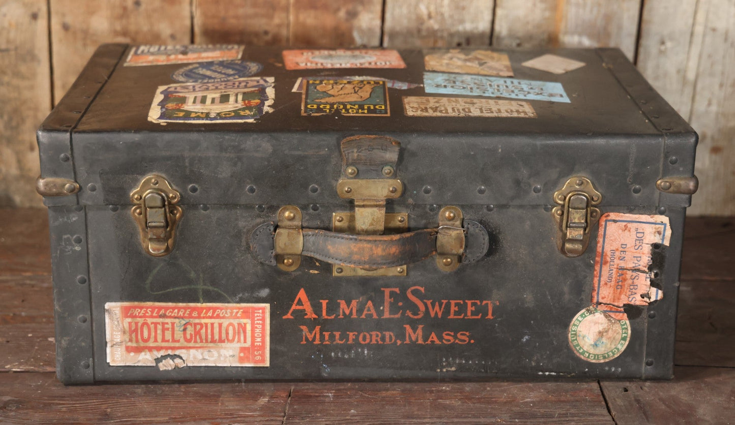 Antique Travel Trunk Suitcase With Numerous Souvenir Travel Labels, Belonged To Alma E. Sweet Of Milford, Massachusetts, Hand Painted I.D., Made By Warren Leather Goods, Worcester, Massachusetts