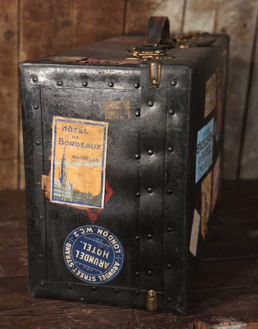Antique Travel Trunk Suitcase With Numerous Souvenir Travel Labels, Belonged To Alma E. Sweet Of Milford, Massachusetts, Hand Painted I.D., Made By Warren Leather Goods, Worcester, Massachusetts