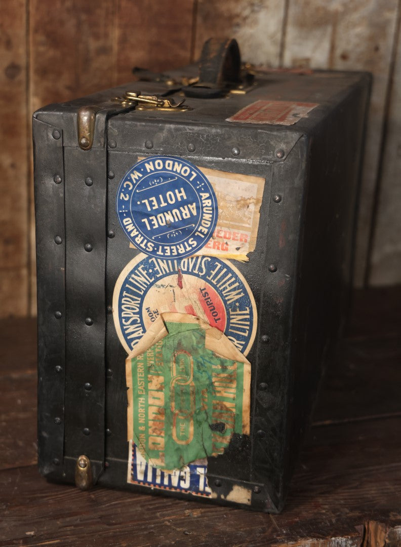 Antique Travel Trunk Suitcase With Numerous Souvenir Travel Labels, Belonged To Alma E. Sweet Of Milford, Massachusetts, Hand Painted I.D., Made By Warren Leather Goods, Worcester, Massachusetts