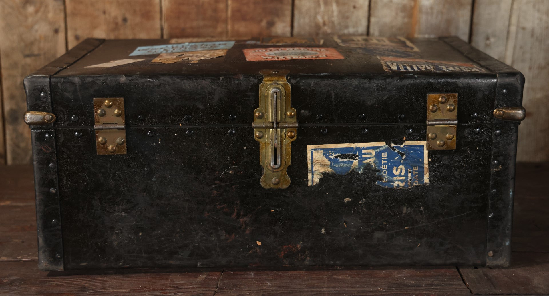 Antique Travel Trunk Suitcase With Numerous Souvenir Travel Labels, Belonged To Alma E. Sweet Of Milford, Massachusetts, Hand Painted I.D., Made By Warren Leather Goods, Worcester, Massachusetts