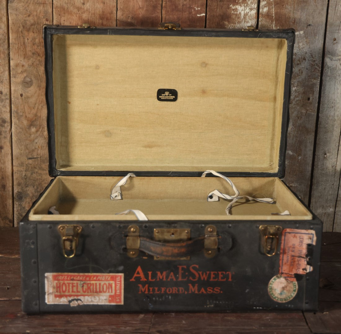 Antique Travel Trunk Suitcase With Numerous Souvenir Travel Labels, Belonged To Alma E. Sweet Of Milford, Massachusetts, Hand Painted I.D., Made By Warren Leather Goods, Worcester, Massachusetts