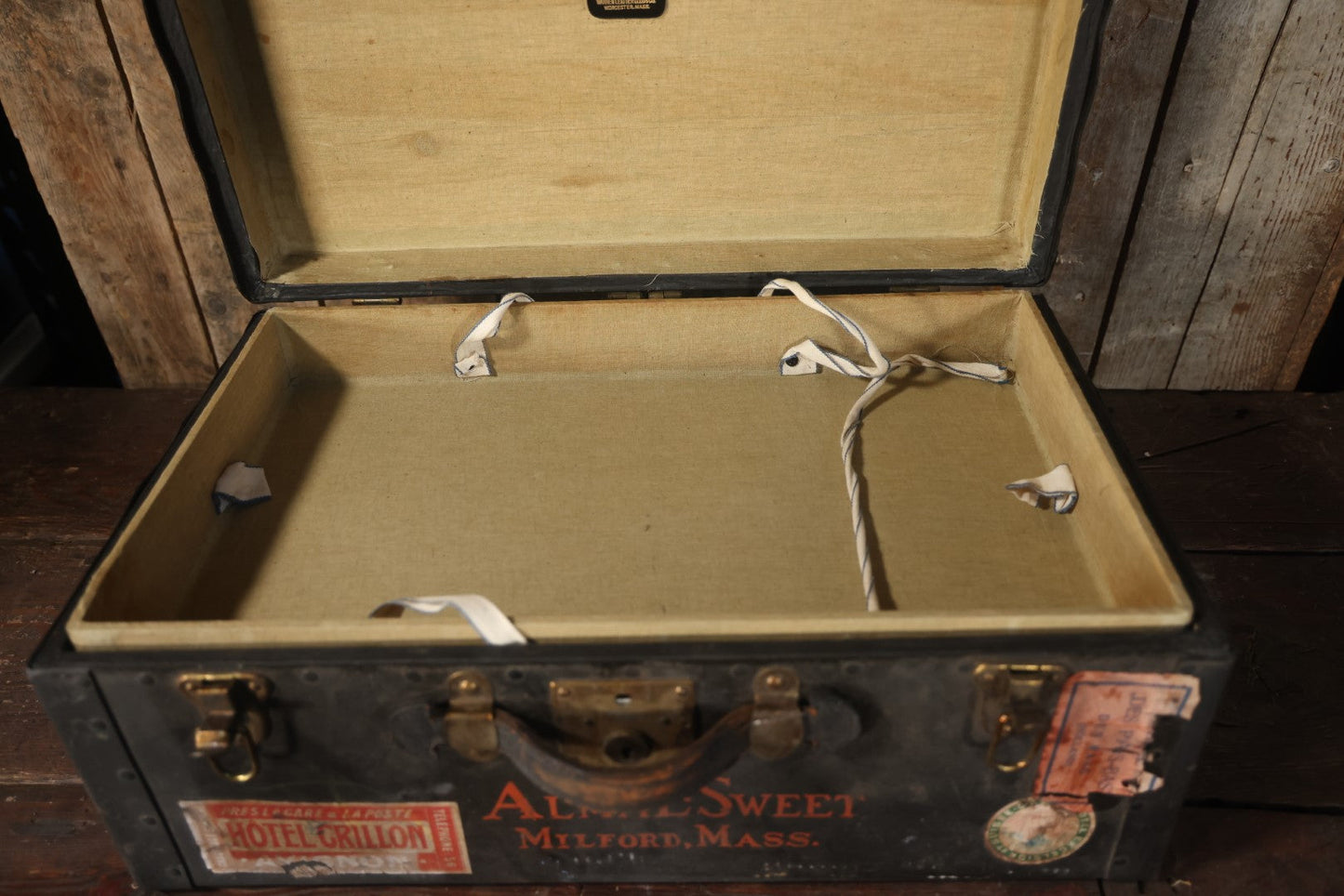 Antique Travel Trunk Suitcase With Numerous Souvenir Travel Labels, Belonged To Alma E. Sweet Of Milford, Massachusetts, Hand Painted I.D., Made By Warren Leather Goods, Worcester, Massachusetts