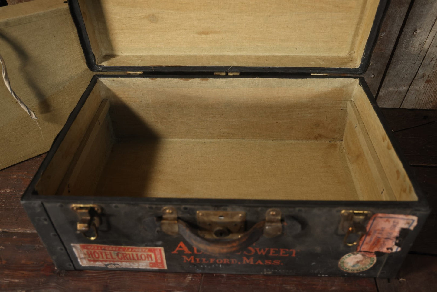 Antique Travel Trunk Suitcase With Numerous Souvenir Travel Labels, Belonged To Alma E. Sweet Of Milford, Massachusetts, Hand Painted I.D., Made By Warren Leather Goods, Worcester, Massachusetts