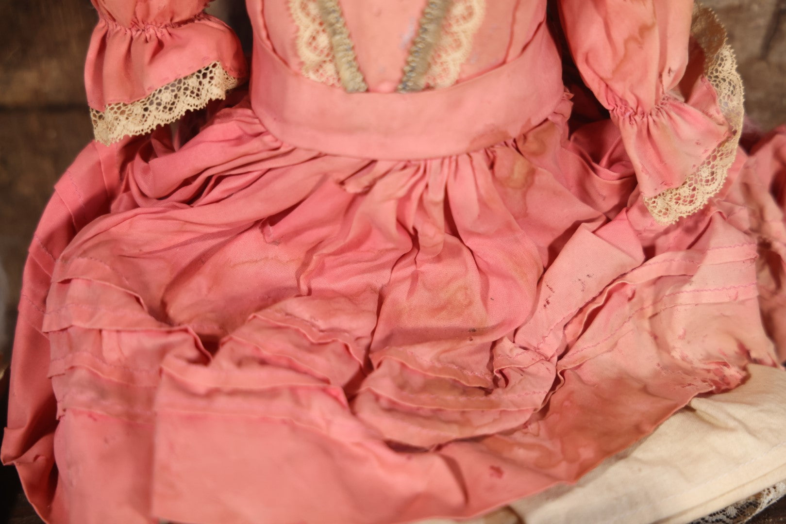 Antique Bisque Head Doll With Pink Dress, Blonde Hair, Note Heavy Wear, Loose Limbs, Needs Restoration, Likely German, Marked "Majestic"