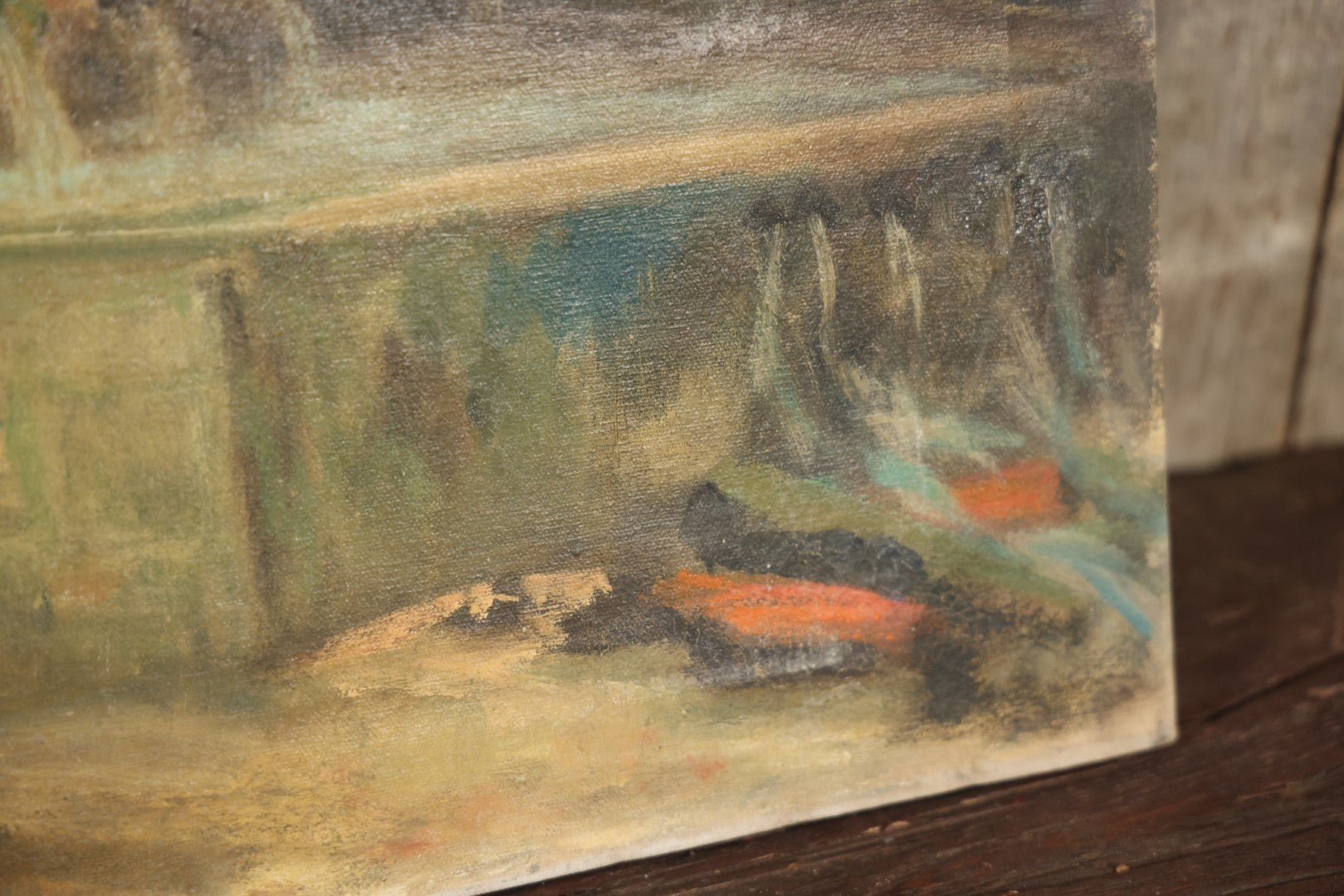 Vintage Modern Oil On Canvas Occupational Painting Of  Shrimp Fisherman, Live Bait, Working Docks, Note Significant Hole And Loss