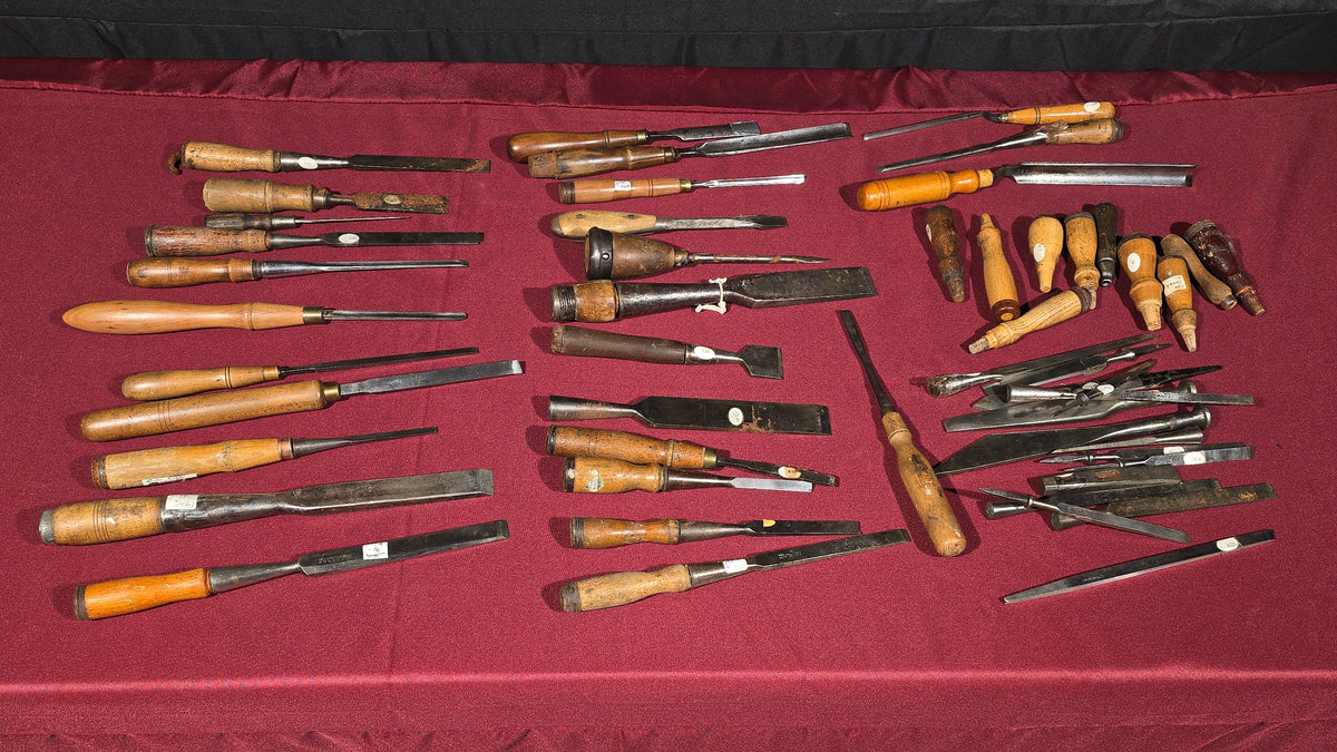 Grouping of 20+ Antique and Vintage Wood Chisels and Gouges including Witherby, Buck Brothers, and James Swan Co.